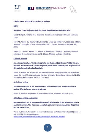4
EJEMPLOS DE REFERENCIAS MÁS UTILIZADOS
Libro
Autor/es. Título. Volumen. Edición. Lugar de publicación: Editorial; año.
Laín Entralgo P. Historia de la medicina. Barcelona: Ediciones científicas y técnicas;
1998.
Fauci AS, Kasper DL, Braunwald E, Hauser SL, Longo DL, Jameson JL, Loscalzo J, editors.
Harrison’s principles of internal medicine. Vol 1. 17th ed. New York: McGraw Hill;
2008.
Longo DL, Fauci AS, Kasper DL, Hauser SL, Jameson JL, Loscalzo J, editores. Harrison
principios de medicina interna. Vol 2. 18a ed. México: McGraw‐Hill; 2012.
Capítulo de libro
Autor/es del capítulo. Título del capítulo. En: Director/Coordinador/Editor literario
del libro. Título del libro. Edición. Lugar de publicación: Editorial; año. Página inicial
del capítulo‐página final del capítulo.
Rader DJ, Hobbs HH. Trastornos del metabolismo de las lipoproteínas. En: Barnes PJ.
Longo DL, Fauci AS, et al, editores. Harrison principios de medicina interna. Vol 2. 18a
ed. México: McGraw‐Hill; 2012. p. 3145‐3161.
Artículo de revista
Autores del artículo (6 aut. máximo et al). Título del artículo. Abreviatura de la
revista. Año; Volumen (número):páginas.
Vitoria JC, Bilbao JR. Novedades en enfermedad celíaca. An Pediatr. 2013;78(1):1‐5.
Artículo de revista en Internet
Autores del artículo (6 autores máximo et al). Título del artículo. Abreviatura de la
revista [Internet]. Año [fecha de consulta]; Volumen (número):páginas. Disponible
en: URL del artículo
Vitoria JC, Bilbao JR. Novedades en enfermedad celíaca. An Pediatr [Internet]. 2013 [citado 14
Feb 2013];78(1):1‐5. Disponible en:
http://www.sciencedirect.com/science/article/pii/S1695403312003815
 