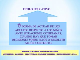FORMA DE ACTUAR DE LOS
ADULTOS RESPECTO A LOS NIÑOS
ANTE SITUACIONES COTIDIANAS,
CUANDO HAY QUE TOMAR
DECISIONES SOBRE ELLOS O RESOLVER
ALGÚN CONFLICTO.
ESTILO EDUCATIVO
REFLEJA EL MANEJO DE CONCEPTOS COMO:
AUTORIDAD - CONTROL - AFECTIVIDAD - PREMIOS/CASTIGOS – COMUNICACION – ETC...
 