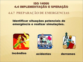 ISO 14000
   4.4 IMPLEMENTAÇÃO E OPERAÇÃO

4.4.7 PREPARAÇÃO DE EMERGENCIAS

  Identificar situações potenciais de
  emergência e realizar simulações.




 incêndios       acidentes        derrames
 