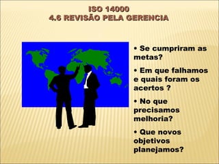 ISO 14000
4.6 REVISÃO PELA GERENCIA



                 • Se cumpriram as
                 metas?
                 • Em que falhamos
                 e quais foram os
                 acertos ?
                 • No que
                 precisamos
                 melhoria?
                 • Que novos
                 objetivos
                 planejamos?
 