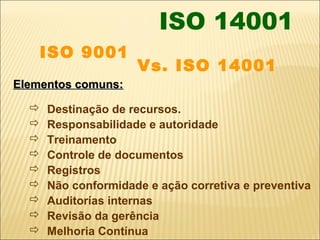 ISO 14001
    ISO 9001
                     Vs. ISO 14001
Elementos comuns:

     Destinação de recursos.
     Responsabilidade e autoridade
     Treinamento
     Controle de documentos
     Registros
     Não conformidade e ação corretiva e preventiva
     Auditorías internas
     Revisão da gerência
     Melhoria Contínua
 