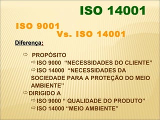 ISO 14001
ISO 9001
       Vs. ISO 14001
Diferença:

   PROPÓSITO
    ISO 9000 “NECESSIDADES DO CLIENTE”
    ISO 14000 “NECESSIDADES DA
    SOCIEDADE PARA A PROTEÇÃO DO MEIO
    AMBIENTE”
  DIRIGIDO A
    ISO 9000 “ QUALIDADE DO PRODUTO”
    ISO 14000 “MEIO AMBIENTE”
 