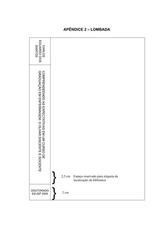 2,5 cm Espaço reservado para etiqueta de
APÊNDICE 2 – LOMBADA




                                                                                                  localização da biblioteca


                                                                                                                                         2 cm
                                                                                       }
                                                                                       }                                              DOUTORADO
                                                                                                                                      EEUSP 2005
                         CARLOS      COMPRENDEENDO AS EXPECTATIVAS EM UM CURSO DE
                       EDUARDO DOS   GRADUAÇÃO EM ENFERMAGEM: O OLHAR DISCENTE E DOCENTE
                         SANTOS
 