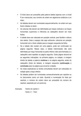 O título deve ser precedido pela palavra tabela (apenas com a inicial
     T em maiúscula), seu número de ordem em algarismos arábicos e um
     hífen;
     As tabelas devem ser numeradas sequencialmente, na ordem em que
     forem citadas no texto;
     As colunas não devem ser delimitadas por traços verticais e os traços
     horizontais superiores e inferiores ao cabeçalho devem ser mais
     fortes;
     A tabela deve ser colocada em posição vertical, para facilitar a leitura
     dos dados. Caso o espaço não seja suficiente, colocá-la em posição
     horizontal com o título voltado para a margem esquerda da folha;
     Se a tabela não couber em uma página, pode ser continuada na
     página seguinte. Nesse caso, a tabela interrompida não será
     delimitada por traço horizontal na parte inferior (não será fechada) e o
     cabeçalho será repetido na página seguinte. Cada página deverá ter
     as seguintes indicações: na primeira página, no rodapé, à margem
     direita da tabela a palavra continua e na página seguinte, antes do
     cabeçalho (título da tabela), à margem esquerda continuação e
     conclusão para na página que encerrar a tabela;
     As notas explicativas ou fontes consultadas devem ser colocadas no
     rodapé após o traço inferior;
     As tabelas podem ser numeradas consecutivamente por capítulo ou
     no documento como um todo. Quando a numeração for feita por
     capítulo, o número de ordem deve ser precedido do número do
     capítulo, separado por um ponto (.).


Exemplo:       Tabelas do capítulo 3
               Tabela 3.1 - Título
 
