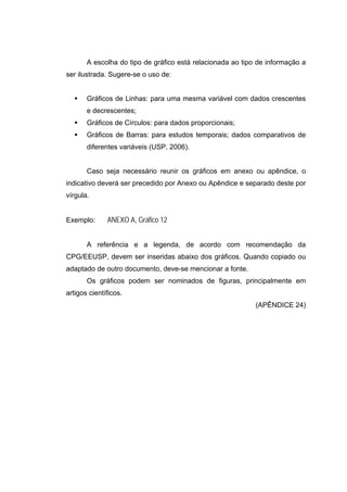 A escolha do tipo de gráfico está relacionada ao tipo de informação a
ser ilustrada. Sugere-se o uso de:


       Gráficos de Linhas: para uma mesma variável com dados crescentes
       e decrescentes;
       Gráficos de Círculos: para dados proporcionais;
       Gráficos de Barras: para estudos temporais; dados comparativos de
       diferentes variáveis (USP, 2006).


       Caso seja necessário reunir os gráficos em anexo ou apêndice, o
indicativo deverá ser precedido por Anexo ou Apêndice e separado deste por
vírgula.


Exemplo:      ANEXO A, Gráfico 12


       A referência e a legenda, de acordo com recomendação da
CPG/EEUSP, devem ser inseridas abaixo dos gráficos. Quando copiado ou
adaptado de outro documento, deve-se mencionar a fonte.
       Os gráficos podem ser nominados de figuras, principalmente em
artigos científicos.
                                                            (APÊNDICE 24)
 
