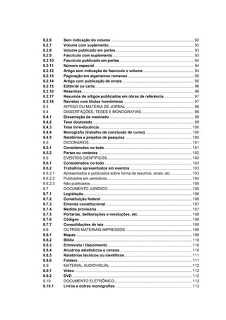 8.2.6     Sem indicação do volume ............................................................................... 92
8.2.7     Volume com suplemento ................................................................................. 93
8.2.8     Volume publicado em partes........................................................................... 93
8.2.9     Fascículo com suplemento ............................................................................. 93
8.2.10    Fascículo publicado em partes ....................................................................... 94
8.2.11    Número especial............................................................................................... 94
8.2.12    Artigo sem indicação de fascículo e volume................................................. 94
8.2.13    Paginação em algarismos romanos ............................................................... 95
8.2.14    Artigo com publicação de errata .................................................................... 95
8.2.15    Editorial ou carta .............................................................................................. 96
8.2.16    Resenhas........................................................................................................... 96
8.2.17    Resumos de artigos publicados em obras de referência ............................ 97
8.2.18    Revistas com títulos homônimos ................................................................... 97
8.3       ARTIGO OU MATÉRIA DE JORNAL ................................................................. 98
8.4       DISSERTAÇÕES, TESES E MONOGRAFIAS. ................................................. 98
8.4.1     Dissertação de mestrado................................................................................. 99
8.4.2     Tese doutorado................................................................................................. 99
8.4.3     Tese livre-docência ........................................................................................ 100
8.4.4     Monografia (trabalho de conclusão de curso) ............................................ 100
8.4.5     Relatórios e projetos de pesquisa ................................................................ 100
8.5       DICIONÁRIOS .................................................................................................. 101
8.5.1     Considerados no todo ................................................................................... 101
8.5.2     Partes ou verbetes ......................................................................................... 102
8.6       EVENTOS CIENTÍFICOS................................................................................. 103
8.6.1     Considerados no todo ................................................................................... 103
8.6.2     Trabalhos apresentados em eventos ........................................................... 103
8.6.2.1   Apresentados e publicados sobre forma de resumos, anais, etc. ................... 103
8.6.2.2   Publicados em periódicos................................................................................. 104
8.6.2.3   Não publicados ................................................................................................. 105
8.7       DOCUMENTO JURÍDICO ................................................................................ 105
8.7.1     Legislação ....................................................................................................... 106
8.7.2     Constituição federal ....................................................................................... 106
8.7.3     Emenda constitucional .................................................................................. 107
8.7.4     Medida provisória........................................................................................... 107
8.7.5     Portarias, deliberações e resoluções, etc.................................................... 108
8.7.6     Códigos ........................................................................................................... 108
8.7.7     Consolidações de leis.................................................................................... 109
8.8       OUTROS MATERIAIS IMPRESSOS ............................................................... 109
8.8.1     Mapas............................................................................................................... 109
8.8.2     Bíblia ................................................................................................................ 110
8.8.3     Entrevista / Depoimento ................................................................................ 110
8.8.4     Anuários estatísticos e censos..................................................................... 110
8.8.5     Relatórios técnicos ou científicos ................................................................ 111
8.8.6     Folders............................................................................................................. 111
8.9       MATERIAL AUDIOVISUAL .............................................................................. 112
8.9.1     Vídeo ................................................................................................................ 112
8.9.2     DVD .................................................................................................................. 112
8.10      DOCUMENTO ELETRÔNICO.......................................................................... 113
8.10.1    Livros e outras monografias ......................................................................... 113
 