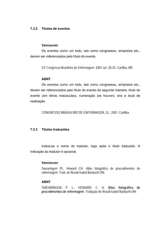 7.3.2   Títulos de eventos




        Vancouver
        Os eventos como um todo, tais como congressos, simpósios etc.,
devem ser referenciados pelo título do evento.


        53º Congresso Brasileiro de Enfermagem; 2001 set. 20-25; Curitiba, BR


        ABNT
        Os eventos como um todo, tais como congressos, simpósios etc.,
devem ser referenciados pelo título do evento da seguinte maneira: título do
evento (em letras maiúsculas), numeração (se houver), ano e local de
realização.


        CONGRESSO BRASILEIRO DE ENFERMAGEM, 53., 2001, Curitiba.



7.3.3   Títulos traduzidos




        Indica-se o nome do tradutor, logo após o título traduzido. A
indicação do tradutor é opcional.


        Vancouver
        Swearingem PL, Howard CH. Atlas fotográfico de procedimentos de
        enfermagem. Trad. de Rosali Isabel Barduchi Ohl.

        ABNT
        SWEARINGEM, P. L.; HOWARD, C. H. Atlas fotográfico de
        procedimentos de enfermagem. Tradução de Rosali Isabel Barduchi Ohl.
 