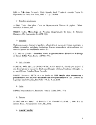 9
BIBLIA. N.T. João. Português. Biblia Sagrada. Reed. Versão de Antonio Pereira de
Figueiredo. São Paulo: Ave Maria, 1980. v. 12, p. 356-460.
Trabalhos acadêmicos
AUTOR. Título. (Disciplina. Curso ou Departamento). Número de páginas. Cidade.
Instituição de Ensino, ano.
MELLO, Carlos. Metodologia da Pesquisa. (Departamento do Curso de Recursos
Humanos). 15p. Guaramirim. TAGEM, 2002.
Entidades
Órgãos dos poderes Executivo, legislativo e hudiciário de nações, províncias, municípios e
cidades, sociedades, sociedades, instituições diversas, responsáveis intelectualmente por
uma obra, podem ser considerados autores. Ex.:
SÃO PAULO, (Estado). Tribunal de Justiça. Regimento interno do tribunal de Justiça
do Estado de São Paulo. Bauru: EDIPRO, 1993.
Leis e decretos
NOME DO PAÍS, ESTADO OU MUNICÍPIO. Lei ou decreto n., dia mês (por extenso) e
ano. Descrição da lei ou decreto. Título da publicação: subtítulo, Cidade de publicação, v.,
p., ano. (Série ou Coleção). Notas. Exemplo:
BRASIL. Decreto n. 89.271, de 4 de janeiro de 1984. Dispõe sobre documentos e
procedimentos para despacho de aeronave em serviço internacional. Lex: Coletânea de
Legislação e Jurisprudência, São Paulo, v.48, p.3-4, jan. 1984.
Guias
BRASIL: roteiros turísticos. São Paulo: Folha da Manhã, 1995, 319 p.
Eventos
SEMINÁRIO NACIONAL DE BIBLIOTECAS UNIVERSITÁRIAS, 7, 1991, Rio de
Janeiro, Anais... Rio de Janeiro: SIBI/UFRJ, 1992.
OBSERVAÇÕES
 
