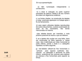 Em sua apresentação:
a) têm numeração independente e
consecutiva;
b) o título é colocado na parte superior
precedido da palavra Tabela e de seu número
de ordem em algarismos arábicos;
c) as fontes citadas, na construção de tabelas
e notas eventuais aparecem no rodapé após o
fio de fechamento;
d) caso sejam utilizadas tabelas reproduzidas
de outros documentos, a prévia autorização do
autor se faz necessária, não sendo
mencionada na mesma;
e)as tabelas devem ser inseridas o mais
próximo possível do trecho a que se referem;
f) se a tabela não couber em uma folha, deve
ser continuada na folha seguinte e, nesse
caso, não é delimitada por traço horizontal na
parte inferior, sendo o título e o cabeçalho
repetidos na folha seguinte;
g) nas tabelas utilizam-se fios horizontais e
verticais para separar subtítulos das
colunas no cabeçalho e fechá-las na parte
inferior, evitando-se fios verticais para separar
as colunas e fios horizontais para separar as
linhas.
SAIR
 
