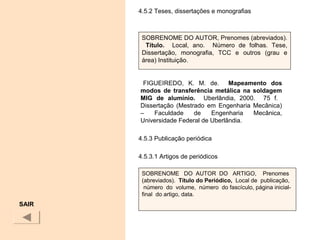 4.5.2 Teses, dissertações e monografias
FIGUEIREDO, K. M. de. Mapeamento  dos 
modos  de  transferência  metálica  na  soldagem 
MIG  de  alumínio. Uberlândia, 2000. 75 f.
Dissertação (Mestrado em Engenharia Mecânica)
– Faculdade de Engenharia Mecânica,
Universidade Federal de Uberlândia.
4.5.3 Publicação periódica
4.5.3.1 Artigos de periódicos
SAIR
SOBRENOME DO AUTOR, Prenomes (abreviados).
Título.    Local, ano. Número de folhas. Tese,
Dissertação, monografia, TCC e outros (grau e
área) Instituição.
SOBRENOME DO AUTOR DO ARTIGO, Prenomes
(abreviados). Título do Periódico,  Local de publicação,
número do volume, número do fascículo, página inicial-
final do artigo, data.
 
