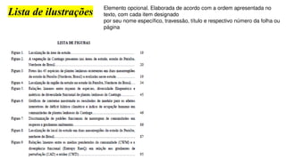 Lista de ilustrações
Elemento opcional. Elaborada de acordo com a ordem apresentada no
texto, com cada item designado
por seu nome específico, travessão, título e respectivo número da folha ou
página
 