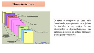 Elementos textuais
O texto é composto de uma parte
introdutória, que apresenta os objetivos
do trabalho e as razões de sua
elaboração; o desenvolvimento, que
detalha a pesquisa ou estudo realizado;
e uma parte conclusiva
 