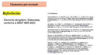Elementos pós-textuais
Referências
Elemento obrigatório. Elaboradas
conforme a ABNT NBR 6023.
 