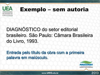 Exemplo – sem autoria
DIAGNÓSTICO do setor editorialDIAGNÓSTICO do setor editorial
brasileiro. São Paulo: Câmara Brasileirabrasileiro. São Paulo: Câmara Brasileira
do Livro, 1993.do Livro, 1993.
Entrada pelo título da obra com a primeiraEntrada pelo título da obra com a primeira
palavra em maiúsculo.palavra em maiúsculo.
 