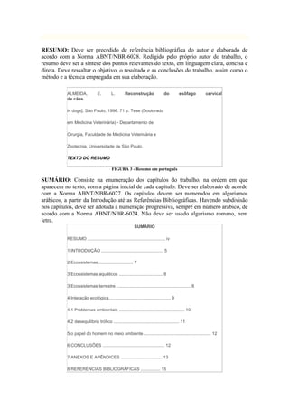RESUMO: Deve ser precedido de referência bibliográfica do autor e elaborado de
acordo com a Norma ABNT/NBR-6028. Redigido pelo próprio autor do trabalho, o
resumo deve ser a síntese dos pontos relevantes do texto, em linguagem clara, concisa e
direta. Deve ressaltar o objetivo, o resultado e as conclusões do trabalho, assim como o
método e a técnica empregada em sua elaboração.
ALMEIDA, E. L. Reconstrução do esôfago cervical
de cães.
in dogs]. São Paulo, 1996. 71 p. Tese (Doutorado
em Medicina Veterinária) - Departamento de
Cirurgia, Faculdade de Medicina Veterinária e
Zootecnia, Universidade de São Paulo.
TEXTO DO RESUMO
FIGURA 3 - Resumo em português
SUMÁRIO: Consiste na enumeração dos capítulos do trabalho, na ordem em que
aparecem no texto, com a página inicial de cada capítulo. Deve ser elaborado de acordo
com a Norma ABNT/NBR-6027. Os capítulos devem ser numerados em algarismos
arábicos, a partir da Introdução até as Referências Bibliográficas. Havendo subdivisão
nos capítulos, deve ser adotada a numeração progressiva, sempre em número arábico, de
acordo com a Norma ABNT/NBR-6024. Não deve ser usado algarismo romano, nem
letra.
SUMÁRIO
RESUMO ................................................................ iv
1 INTRODUÇÃO ................................................... 5
2 Ecossistemas............................. 7
3 Ecossistemas aquáticos .................................... 8
3 Ecossistemas terrestre ............................................................. 8
4 Interação ecológica................................................... 9
4.1 Problemas ambientais ...................................................... 10
4.2 desequilíbrio trófico ...................................................... 11
5 o papel do homem no meio ambiente ....................................................... 12
6 CONCLUSÕES ................................................... 12
7 ANEXOS E APÊNDICES .................................. 13
8 REFERÊNCIAS BIBLIOGRÁFICAS ................ 15
 