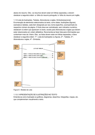 abaixo do resumo. Obs.: os resumos devem estar em folhas separadas, e devem
obedecer a seguinte ordem: a- folha do resumo português. b- folha do resumo em inglês.
1.1.9 Lista de ilustrações, Tabelas, Abreviaturas e siglas, Símbolos(opcional)
Enumeração de elementos selecionados do texto, como datas, ilustrações (figuras),
exemplos e tabelas, cada item designado por seu nome específico, acompanhado do
respectivo número da página. O título deve ser centralizado, sem indicativo numérico,
obedecem à ordem que aparecem no texto, exceto para Abreviaturas e siglas que devem
estar relacionados em ordem alfabética. Recomenda-se fazer lista para informações que
contenham mais de 3 itens. Obs.: as listas devem estar em folhas separadas, e deve
obedecer a seguinte ordem: 1ª - Lista de ilustrações ou figuras, 2ª - Tabelas, 3ª -
Abreviaturas e siglas, 4ª - Símbolos.
Figura 6 - Modelo de Lista
1.1.9.1 APRESENTAÇÃO DE ILUSTRAÇÕES NO TEXTO
Entende-se como ilustração os gráficos, diagramas, desenhos, fotografias, mapas, etc.
que complementam visualmente o texto.
 