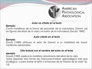 Autor no citado en el texto Ejemplo: Como met á foras de la forma de proceder de la naturaleza, Darwin us ó  las figuras del  á rbol de la vida y el rostro de la naturaleza (Gould, 1989). Autor citado en el texto Ejemplo: Gould (1989) atribuye el  é xito de Darwin a su habilidad de hacer met á foras apropiadas Cita textual con el nombre del autor en el texto ejemplo Gould (1989) explica la met á fora darwiniana del  á rbol de la vida “ para expresar otra forma de interconectividad  – geneal ó gica m á s que ecol ó gica- y para ilustrar el  é xito y el fracaso de la historia de la vida ”  (p. 14). 