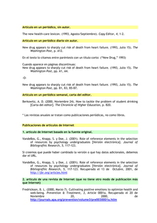 Artículo en un periódico, sin autor.

The new health-care lexicon. (1993, Agosto/Septiembre). Copy Editor, 4, 1-2.

Artículo en un periódico diario sin autor.

New drug appears to sharply cut risk of death from heart failure. (1993, Julio 15). The
     Washington Post, p. A12.

En el texto lo citamos entre paréntesis con un título corto: (“New Drug,” 1993)

Cuando aparece en páginas discontinuas:
New drug appears to sharply cut risk of death from heart failure. (1993, Julio 15). The
     Washington Post, pp. A1, A4.

-O-

New drug appears to sharply cut risk of death from heart failure. (1993, Julio 15). The
     Washington Post, pp. B1, B3, B5-B7.

Artículo en un periódico semanal, carta del editor.

Berkowitz, A. D. (2000, Noviembre 24). How to tackle the problem of student drinking
     [Carta del editor]. The Chronicle of Higher Education, p. B20.


* Las revistas anuales se tratan como publicaciones periódicas, no como libros.


Publicaciones de artículos de Internet

1. artículo de Internet basado en la fuente original.

VandeBos, G., Knapp, S. y Doe, J. (2001). Role of reference elements in the selection
     of resources by psychology undergraduates [Versión electrónica]. Journal of
     Bibliografhic Research, 5, 117-123.

Si creemos que puede haber cambiado la versión o que hay datos adicionales, debemos
dar el URL.

VandeBos, G., Knapp, S. y Doe, J. (2001). Role of reference elements in the selection
     of resources by psychology undergraduates [Versión electrónica]. Journal of
     Bibliografhic Research, 5, 117-123. Recuperado el 13 de Octubre, 2001, de
     http://jbr.org/articles.html

2. artículo de una revista de Internet (que no tiene otro modo de publicación más
que Internet)

Fredrickson, B. L. (2000, Marzo 7). Cultivating positive emotions to optimize health and
      web-being. Prevention & Treatment, 3, Article 0001a. Recuperado el 20 de
      Noviembre                      20,                    2000,                     de
      http://journals.apa.org/prevention/volume3/pre0030001a.htlm
 