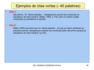 Ejemplos de citas cortas (- 40 palabras)
•   Cita 1:
        Ella afirmo, “El `efecto placebo´…desapareció cuando las conductas se
        estudiaron de esta manera” (Miele, 1993, p.176), pero no aclaró cuáles
        conductas se sometieron a estudio.

•   Cita 2:
        Miele (1993) encontró que “el `efecto placebo´, el cual se había verificado en
        estudios previos, desapareció cuando las conductas [sólo del primer grupo] se
        estudiaron de esta manera” (p.276).




                             DR. HERNAN CORDERO AYALA                                    36
 