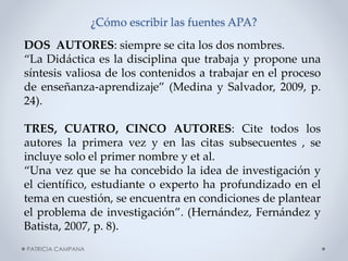 ¿Cómo escribir las fuentes APA?
DOS AUTORES: siempre se cita los dos nombres.
“La Didáctica es la disciplina que trabaja y propone una
síntesis valiosa de los contenidos a trabajar en el proceso
de enseñanza-aprendizaje” (Medina y Salvador, 2009, p.
24).
TRES, CUATRO, CINCO AUTORES: Cite todos los
autores la primera vez y en las citas subsecuentes , se
incluye solo el primer nombre y et al.
“Una vez que se ha concebido la idea de investigación y
el científico, estudiante o experto ha profundizado en el
tema en cuestión, se encuentra en condiciones de plantear
el problema de investigación”. (Hernández, Fernández y
Batista, 2007, p. 8).
PATRICIA CAMPANA

 