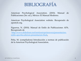 BIBLIOGRAFÍA
American Psychological Association. (2010). Manual
Publicaciones (3er. ed.), México: El Manual Moderno.

de

American Psychological Association website. Recuperado de
apastyle.org.
Figueroa, N. (2010). Manual de Estilo de Publicaciones APA.
Recuperado de
http://www.slideshare.net/seminarioprimavera/presentacionestilo-apa-6ta-edicion-presentacion-final.
Peña, M. (compiladora) Introducción a normas de publicación
de la American Psychological Association.

PATRICIA CAMPANA

 