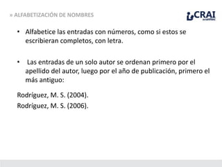 • Alfabetice las entradas con números, como si estos se
escribieran completos, con letra.
• Las entradas de un solo autor se ordenan primero por el
apellido del autor, luego por el año de publicación, primero el
más antiguo:
Rodríguez, M. S. (2004).
Rodríguez, M. S. (2006).
» ALFABETIZACIÓN DE NOMBRES
 