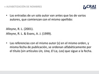 • Las entradas de un solo autor van antes que las de varios
autores, que comienzan con el mismo apellido:
Alleyne, R. L. (2001).
Alleyne, R. L. & Evans, A. J. (1999).
• Las referencias con el mismo autor (s) en el mismo orden, y
misma fecha de publicación, se ordenan alfabéticamente por
el título (sin artículos Un, Una, El La, Los) que sigue a la fecha.
» ALFABETIZACIÓN DE NOMBRES
 