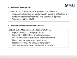 • Revista de investigación:
Gillies, R. M. & Ashman, A. F. (2000). The effects of
cooperative learning on students with learning difficulties in
the lower elementary school. The Journal of Special
Education, 34(1), 19-27.
• Revista de investigación con más de 6 autores:
Gilbert, D. G., McClernon, J. F., Rabinovich, N. E.,
Sugai, C., Plath, L.C., Greg Asgaard, G., …
Botros, N. (2004). Effects of quitting smoking
on EEG activation and attention last for more than
31 days and are more severe with stress,
dependence, DRD2 A1 allele, and depressive
traits. Nicotine and Tobacco Research, 6, 249-267.
 