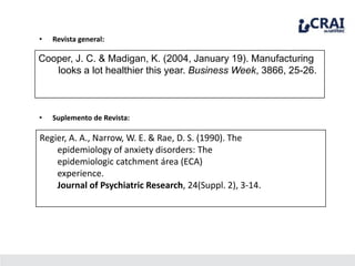 • Revista general:
Cooper, J. C. & Madigan, K. (2004, January 19). Manufacturing
looks a lot healthier this year. Business Week, 3866, 25-26.
• Suplemento de Revista:
Regier, A. A., Narrow, W. E. & Rae, D. S. (1990). The
epidemiology of anxiety disorders: The
epidemiologic catchment área (ECA)
experience.
Journal of Psychiatric Research, 24(Suppl. 2), 3-14.
 