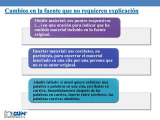 Cambios en la fuente que no requieren explicación
Omitir material: use puntos suspensivos
(…) en una oración para indicar que ha
omitido material incluido en la fuente
original.
Insertar material: use corchetes, no
paréntesis, para encerrar el material
insertado en una cita por una persona que
no es su autor original.
Añadir énfasis: si usted quiere enfatizar una
palabra o palabras en una cita, escríbalas en
cursiva. Inmediatamente después de las
palabras en cursiva, inserte entre corchetes, las
palabras cursivas añadidas.
 