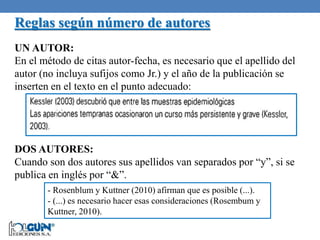 Reglas según número de autores
DOS AUTORES:
Cuando son dos autores sus apellidos van separados por “y”, si se
publica en inglés por “&”.
- Rosenblum y Kuttner (2010) afirman que es posible (...).
- (...) es necesario hacer esas consideraciones (Rosembum y
Kuttner, 2010).
UN AUTOR:
En el método de citas autor-fecha, es necesario que el apellido del
autor (no incluya sufijos como Jr.) y el año de la publicación se
inserten en el texto en el punto adecuado:
 
