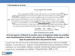 Si la cita aparece al final de la oración, cierre el fragmento citado con comillas,
anote inmediatamente la fuente entre paréntesis y finalice con un punto u otro
signo de puntuación fuera del paréntesis final.
Cita basada en el texto
 