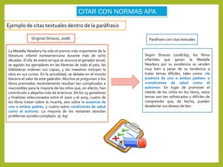 Ejemplo de citas textuales dentro de la paráfrasis
La Medalla Newbery ha sido el premio más importante de la
literatura infantil norteamericana durante más de ocho
décadas. El día de enero en que se anuncia el ganador anual,
se agotan los ejemplares en las librerías de todo el país, las
bibliotecas ordenan sus copias, y los maestros incluyen la
obra en sus cursos. En la actualidad, se debate en el mundo
literario el valor de este galardón. Muchos se preguntan si los
libros premiados recientemente resultan tan complicados e
inaccesibles para la mayoría de los niños que, en efecto, han
contribuido a alejarlos más de la lectura. De los 25 ganadores
y finalistas seleccionados entre el 2000 y el 2005, cuatro de
los libros tratan sobre la muerte, seis sobre la ausencia de
uno o ambos padres, y cuatro sobre condiciones de salud
como el autismo. La mayoría de los restantes abordan
problemas sociales complejos. (p. 69)
Original (Strauss, 2008)
Según Strauss (2008:69), los libros
infantiles que ganan la Medalla
Newbery por su excelencia se venden
muy bien a pesar de su tendencia a
tratar temas difíciles, tales como: «la
ausencia de uno o ambos padres» y
«condiciones de salud como el
autismo». En lugar de promover el
interés de los niños en los libros, estos
temas son tan sofisticados y difíciles de
comprender que, de hecho, pueden
desalentar sus deseos de leer.
Paráfrasis con citas textuales
 