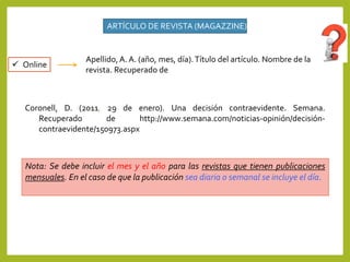 ARTÍCULO DE REVISTA (MAGAZZINE)
 Online
Apellido,A. A. (año, mes, día).Título del artículo. Nombre de la
revista. Recuperado de
Coronell, D. (2011, 29 de enero). Una decisión contraevidente. Semana.
Recuperado de http://www.semana.com/noticias-opinión/decisión-
contraevidente/150973.aspx
Nota: Se debe incluir el mes y el año para las revistas que tienen publicaciones
mensuales. En el caso de que la publicación sea diaria o semanal se incluye el día.
 