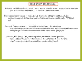 BIBLIOGRAFÍA CONSULTADA
American Psychologycal Association (2010). Manual de Publicaciones de la American Psycholo
gical Association (6a ed.)México, D.F.: Editorial El Manual Moderno.
Centro de Escritura Javeriano. (2010). Normas APA. (6a ed.). Recuperado de
http://portales.puj.edu.co/ftpcentroescritura/Recursos%20C.E/Estudiantes/Referencia%20
bibliogr%C3%A1ficas/Normas%20APA%20Sexta%20Edici%C3%B3n.pdf
Biblioteca de la Universidad de Alcalá. (2014). Referencias bibliográficas Style APA 6th
edition. Recuperado de http://www.uah.es/biblioteca/documentos/Ejemplos-APABUAH.
pdf
Meléndez, M. E. (2013). Citar fuentes según APA, 6ta edición: Formas generales.
Recuperado de Universidad Interamericana de Puerto Rico. Recinto de Ponce:
http://ponce.inter.edu/cai/manuales/Citar_fuentes_APA_6ta.pdf
 