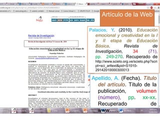 Palacios, Y. (2010). Educación
emocional y creatividad en la I
y II etapa de Educación
Básica. Revista de
Investigación, 34 (71),
pp. 249-270. Recuperado de
http://www.scielo.org.ve/scielo.php?scri
pt=sci_arttext&pid=S1010-
29142010000300013
Apellido, A. (Fecha). Título
del artículo. Título de la
publicación, volumen
(número), pp. xx-xx.
Recuperado de
www……
Artículo de la Web
 