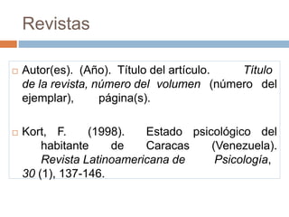 Revistas
 Autor(es). (Año). Título del artículo. Título
de la revista, número del volumen (número del
ejemplar), página(s).
 Kort, F. (1998). Estado psicológico del
habitante de Caracas (Venezuela).
Revista Latinoamericana de Psicología,
30 (1), 137-146.
 