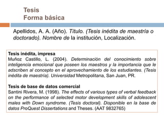 Tesis inédita, impresa
Muñoz Castillo, L. (2004). Determinación del conocimiento sobre
inteligencia emocional que poseen los maestros y la importancia que le
adscriben al concepto en el aprovechamiento de los estudiantes. (Tesis
inédita de maestría). Universidad Metropolitana, San Juan, PR.
Tesis de base de datos comercial
Santini Rivera, M. (1998). The effects of various types of verbal feedback
on the performance of selected motor development skills of adolescent
males with Down syndrome. (Tesis doctoral). Disponible en la base de
datos ProQuest Dissertations and Theses. (AAT 9832765)
Tesis
Forma básica
Apellidos, A. A. (Año). Título. (Tesis inédita de maestría o
doctorado). Nombre de la institución, Localización.
 