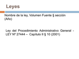 Leyes
Nombre de la ley, Volumen Fuente § sección
(Año)
Ley del Procedimiento Administrativo General -
LEY Nº 27444 – Capítulo II § 10 (2001)
 