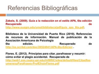 Referencias Bibliográficas
Zabala, S. (2009). Guía a la redacción en el estilo APA, 6ta edición
Recuperado de
http://www.suagm.edu/umet/biblioteca/pdf/guia_apa_6ta.pdf.
Biblioteca de la Universidad de Puerto Rico (2010). Referencias
de recursos de información. Manual de publicación de la
Asociación Americana de Psicología
6ta edición. Recuperado de
http://es.scribd.com/doc/28524941/APA-6ta-Edicion .
Flores. E. (2012). Principios para citar, parafrasear y resumir:
cómo evitar el plagio accidental. Recuperado de
http://web1.oss.cayey.upr.edu/iii/BRIC/sites/default/files/CitasRes
umenesyParafraseo-ProfEfrainFlores.pdf
 