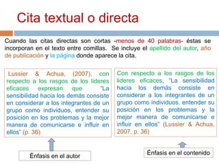 Cita textual o directa
Cuando las citas directas son cortas -menos de 40 palabras- éstas se
incorporan en el texto entre comillas. Se incluye el apellido del autor, año
de publicación y la página donde aparece la cita.
Lussier & Achua, (2007), con
respecto a los rasgos de los lideres
eficaces expresan que “La
sensibilidad hacia los demás consiste
en considerar a los integrantes de un
grupo como individuos, entender su
posición en los problemas y la mejor
manera de comunicarse e influir en
ellos” (p. 36)
Énfasis en el autor
Con respecto a los rasgos de los
lideres eficaces, “La sensibilidad
hacia los demás consiste en
considerar a los integrantes de un
grupo como individuos, entender su
posición en los problemas y la
mejor manera de comunicarse e
influir en ellos” (Lussier & Achua,
2007, p. 36)
Énfasis en el contenido
 