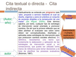 Cita textual o directa - Cita
indirecta
Habitualmente se entiende por programa todo
“plan, proyecto o servicio mediante el cual se
diseña, organiza y pone en práctica un conjunto
de acciones dirigidas a la consecución de una
metas” (De Miguel, 2000b). Este término
aglutina, por tanto, cualquier tipo de estrategia
de intervención social orientada a promover
cambios. De ahí que la primera reflexión que se
debe plantear el evaluador sea sobre cómo
deben ser conceptualizadas, diseñadas y
aplicadas estas estrategias de intervención para
que produzcan cambios sociales efectivos. En
definitiva, necesitamos una teoría que
fundamente la elaboración y aplicación de las
estrategias de intervención social y, en
consecuencia, que pueda ser utilizada como
marco de referencia para tomar decisiones a la
hora de planificar los procesos evaluativos
(Bickman, 1987).
(Autor,
año)
“Cita
textual”
Interpretació
n propia,
explicación
comentario
autor
 