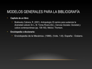 MODELOS GENERALES PARA LA BIBLIOGRAFÍA
• Capítulo de un libro:
• Brailowsky Cabrera, R. (2001). Antropología: El camino para sustanciar la
diversidad cultural. En L. M. Torres Rivera (Ed.), Ciencias Sociales: Sociedad y
cultura contemporáneas (pp. 136-183). México: Thomson.
• Enciclopedia o diccionario:
• Enciclopedia de la Mecánica. (1988). (Vols. 1-8). España : Océano.
 