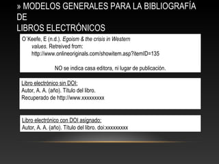 » MODELOS GENERALES PARA LA BIBLIOGRAFÍA
DE
LIBROS ELECTRÓNICOS
O´Keefe, E (n.d.). Egoism & the crisis in Western
values. Retreived from:
http://www.onlineoriginals.com/showitem.asp?itemID=135
NO se indica casa editora, ni lugar de publicación.
Libro electrónico sin DOI:
Autor, A. A. (año). Título del libro.
Recuperado de http://www.xxxxxxxxx
Libro electrónico con DOI asignado:
Autor, A. A. (año). Título del libro. doi:xxxxxxxxx
 