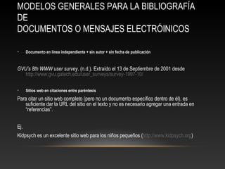 MODELOS GENERALES PARA LA BIBLIOGRAFÍA
DE
DOCUMENTOS O MENSAJES ELECTRÓINICOS
• Documento en línea independiente + sin autor + sin fecha de publicación
GVU’s 8th WWW user survey. (n.d.). Extraído el 13 de Septiembre de 2001 desde
http://www.gvu.gatech.edu/user_surveys/survey-1997-10/
• Sitios web en citaciones entre paréntesis
Para citar un sitio web completo (pero no un documento específico dentro de él), es
suficiente dar la URL del sitio en el texto y no es necesario agregar una entrada en
“referencias”.
Ej.
Kidpsych es un excelente sitio web para los niños pequeños (http://www.kidpsych.org)
 