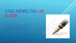 CITAS INDIRECTAS: UN
AUTOR
Si el apellido del autor y la fecha
de publicación son parte de la
oración, no se usa el paréntesis
 
