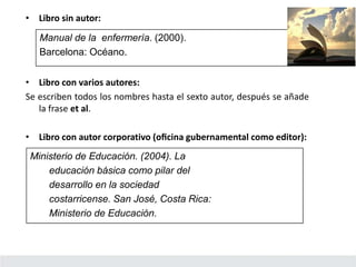 • Libro sin autor:
Manual de la enfermería. (2000).
Barcelona: Océano.
• Libro con varios autores:
Se escriben todos los nombres hasta el sexto autor, después se añade
la frase et al.
• Libro con autor corporativo (oﬁcina gubernamental como editor):
Ministerio de Educación. (2004). La
educación básica como pilar del
desarrollo en la sociedad
costarricense. San José, Costa Rica:
Ministerio de Educación.
 