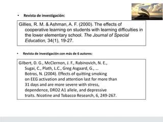 • Revista de investigación:
Gillies, R. M. & Ashman, A. F. (2000). The effects of
cooperative learning on students with learning difficulties in
the lower elementary school. The Journal of Special
Education, 34(1), 19-27.
• Revista de investigación con más de 6 autores:
Gilbert, D. G., McClernon, J. F., Rabinovich, N. E.,
Sugai, C., Plath, L.C., Greg Asgaard, G., …
Botros, N. (2004). Effects of quitting smoking
on EEG activation and attention last for more than
31 days and are more severe with stress,
dependence, DRD2 A1 allele, and depressive
traits. Nicotine and Tobacco Research, 6, 249-267.
 