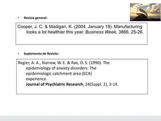 • Revista general:
Cooper, J. C. & Madigan, K. (2004, January 19). Manufacturing
looks a lot healthier this year. Business Week, 3866, 25-26.
• Suplemento de Revista:
Regier, A. A., Narrow, W. E. & Rae, D. S. (1990). The
epidemiology of anxiety disorders: The
epidemiologic catchment área (ECA)
experience.
Journal of Psychiatric Research, 24(Suppl. 2), 3-14.
 