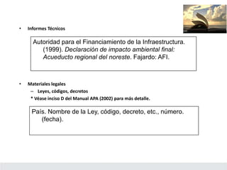 • Informes Técnicos
Autoridad para el Financiamiento de la Infraestructura.
(1999). Declaración de impacto ambiental final:
Acueducto regional del noreste. Fajardo: AFI.
• Materiales legales
– Leyes, códigos, decretos
* Véase inciso D del Manual APA (2002) para más detalle.
País. Nombre de la Ley, código, decreto, etc., número.
(fecha).
 
